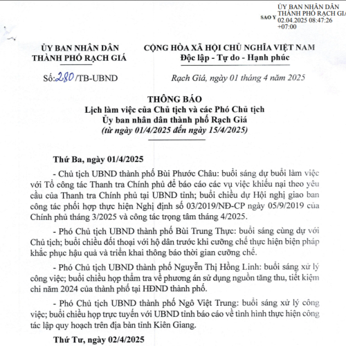 Lịch làm việc của Chủ tịch và các Phó Chủ tịch Ủy ban nhân dân thành phố Rạch Giá (từ ngày 01/4/2025 đến ngày 15/4/2025)
